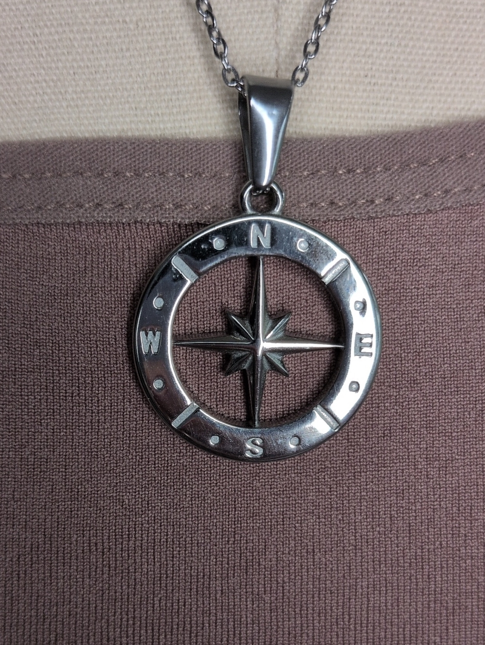 Silver Tone Compass Rose Starburst Pendant Long Chain Necklace - Picture 2 of 5